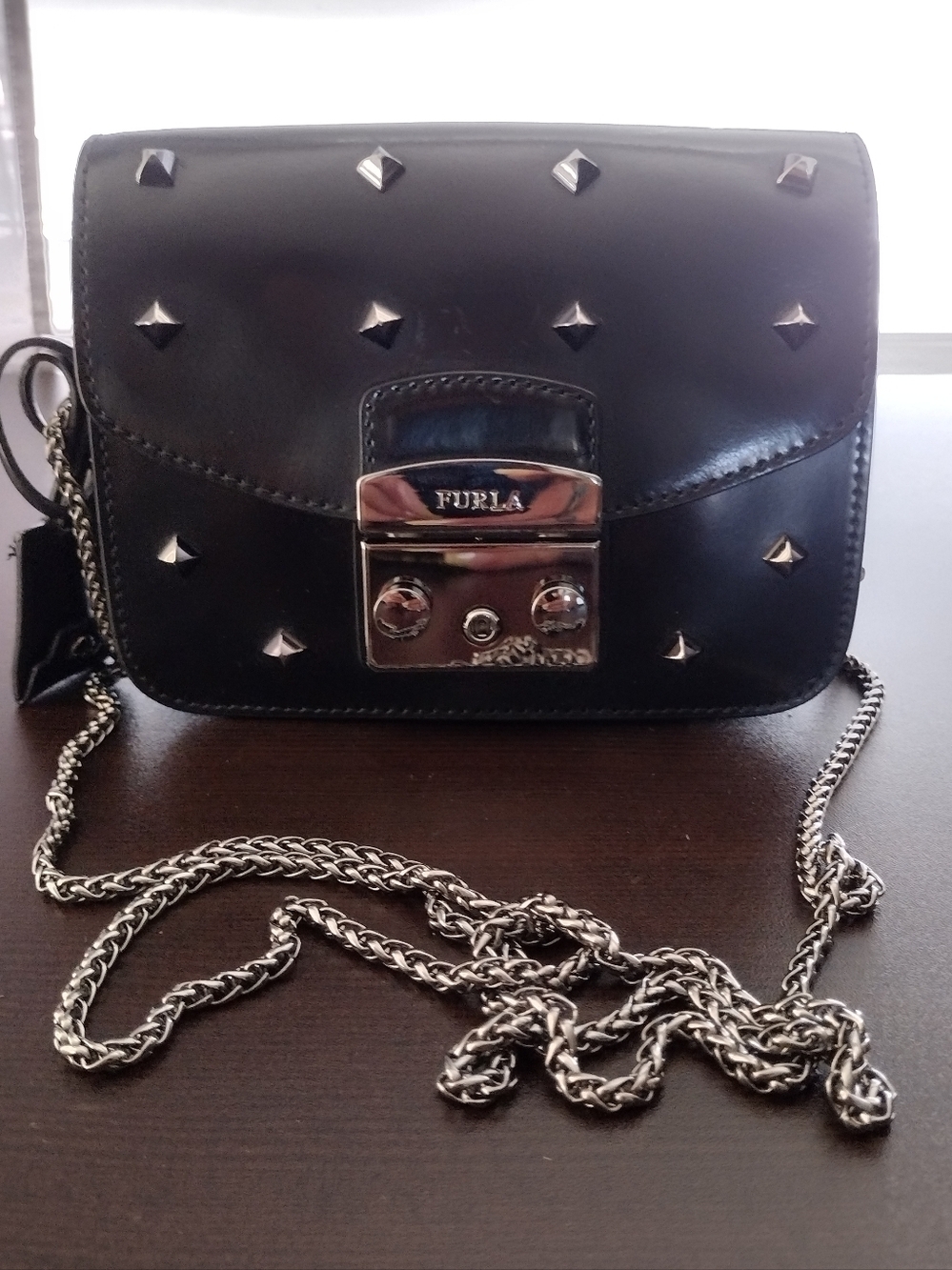Furla Metropolis Black Studded Leather Chain Crossbody Bag - Picture 11 of 16